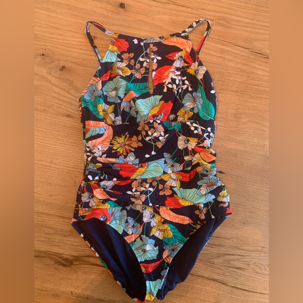 Ellen Tracy Floral One Piece High Neck Key Hole Navy Blue Women’s 12 Preloved